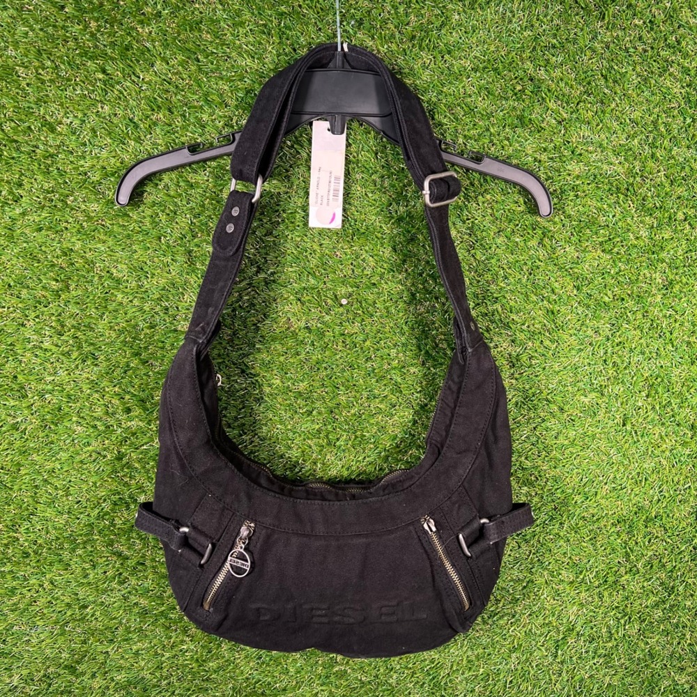 Diesel Black Gold Canvas Hobo Messenger Bag Black Embossed Logo Y2K